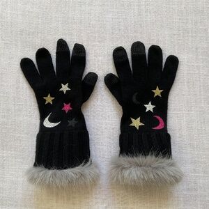 •NEW Henri Bendel Star Cashmere Gloves Faux  Fur Trim O/S NWT
